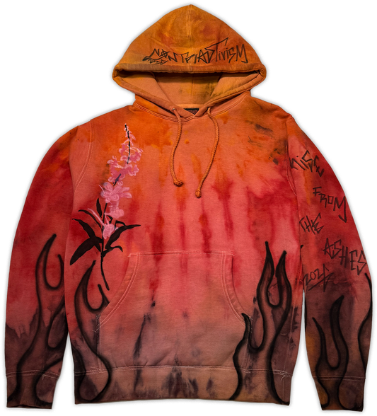 A pullover hoodie with a red, orange, and brown tie-dye gradient, featuring black flame graphics on the lower front and sleeves, a pink flower design on the left chest, and black graffiti-style text printed on the hood and right sleeve.
