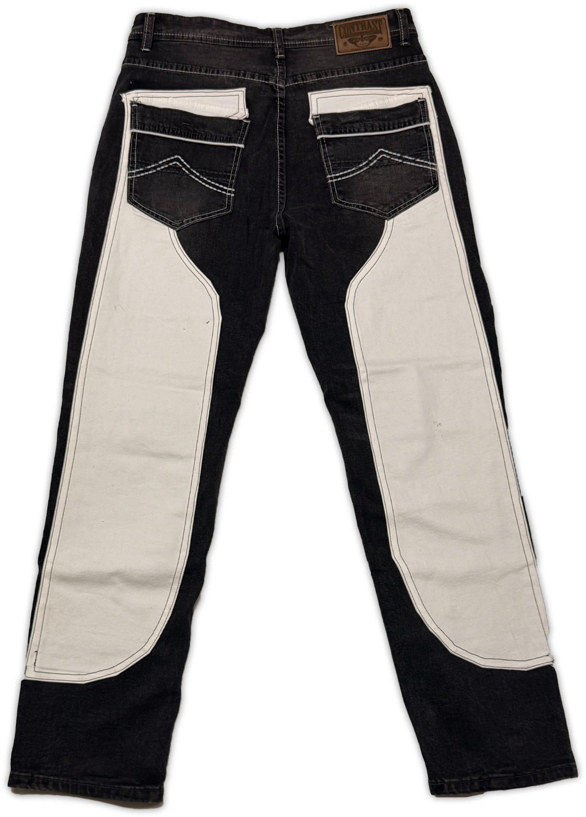 Black denim jeans with large off-white contrast panels on the inner thighs and pocket flaps, shown from the back on a white background.