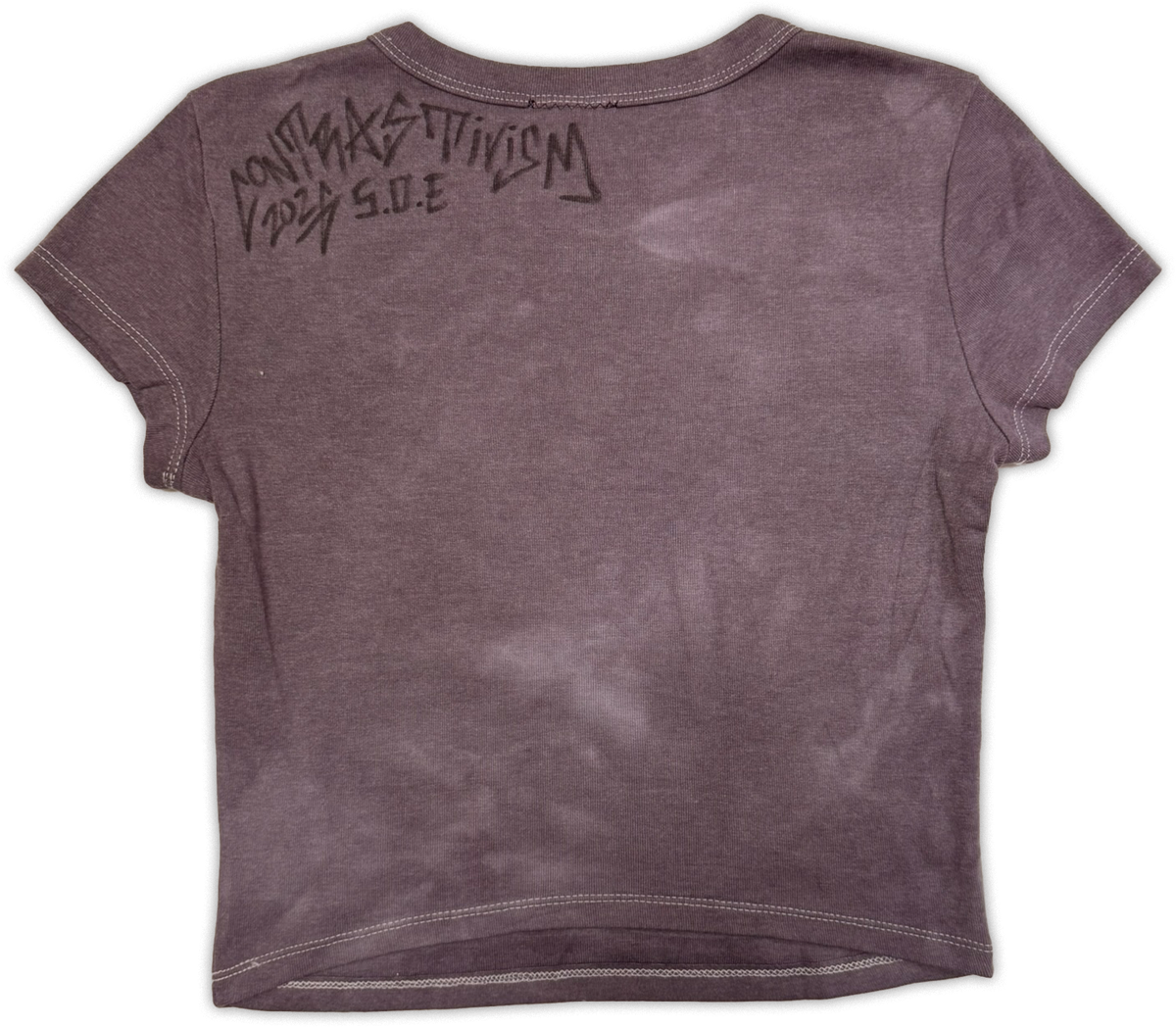 A short-sleeve crop top t-shirt in a washed, faded dark purple or mauve color, featuring a black spray-painted graphic on the back reading 'Rise from the ashes’ 