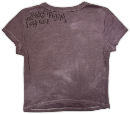 A short-sleeve crop top t-shirt in a washed, faded dark purple or mauve color, featuring a black spray-painted graphic on the back reading 'Rise from the ashes’ 