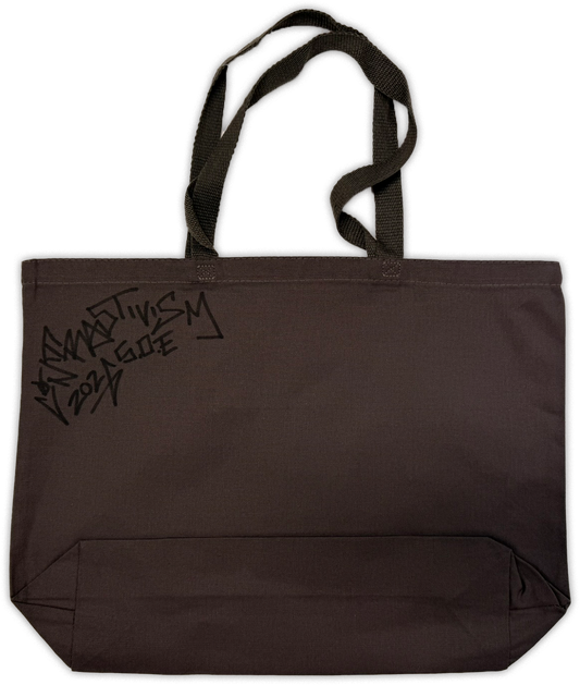 A dark brown canvas tote bag with black shoulder straps and a black graffiti-style graphic on the left side that reads 'contrastivism 2026'.