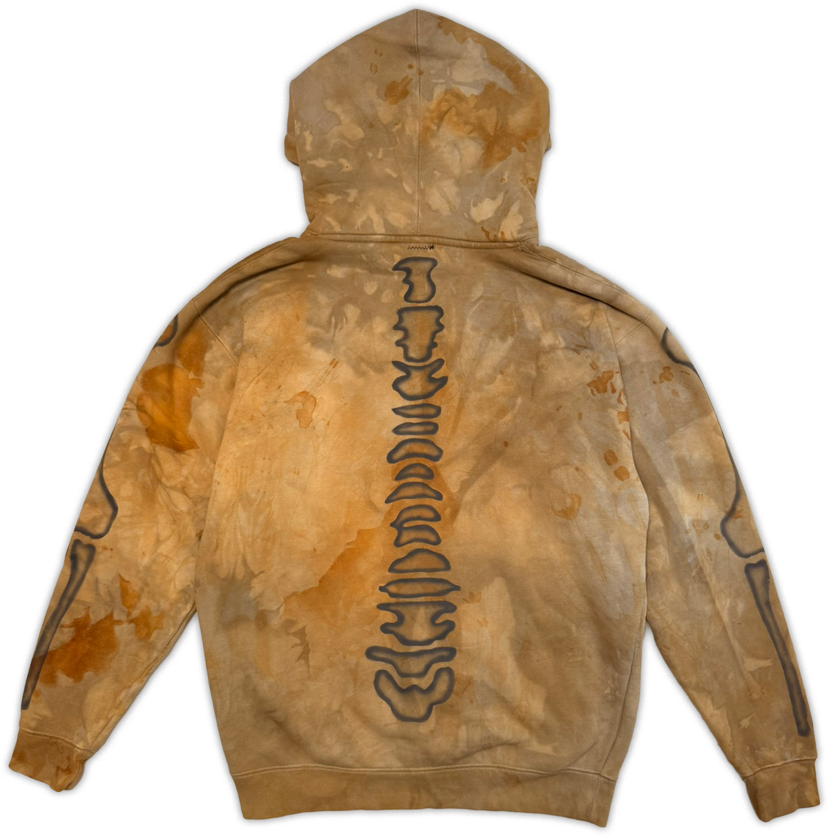 A hooded sweatshirt shown from the back, featuring a distressed tan and brown tie-dye pattern with a vertical spine graphic outlined in black down the center.