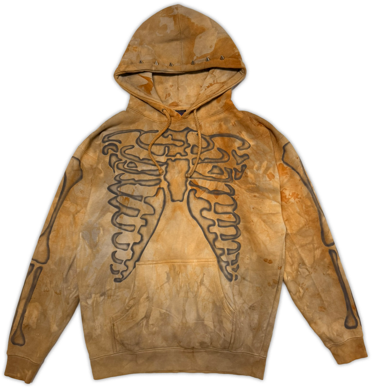 A brown and tan natural dyed hoodie using rust featuring a large black skeletal rib cage graphic printed across the chest, displayed against a solid white background.
