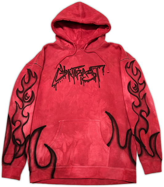 A red acid-wash pullover hoodie featuring a black spray-painted 'Contrast' logo on the chest and black flame designs on the sleeves and lower body, shown against a plain white background.