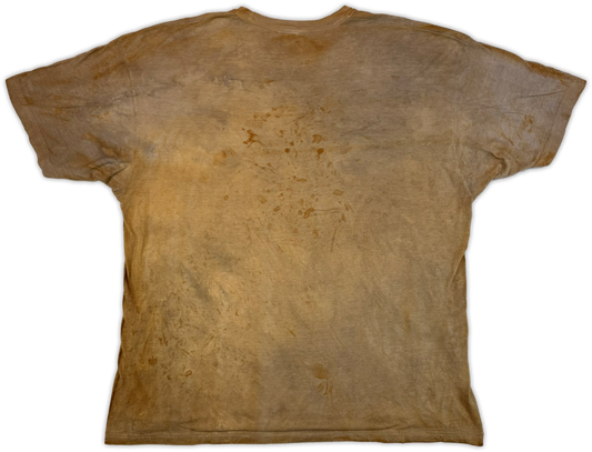 A short-sleeve t-shirt shown from the back, featuring a distressed, acid-washed, or rusted finish in shades of brown and tan with mottled discoloration across the surface.