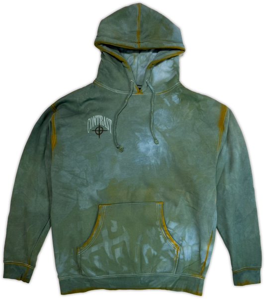 A green and blue tie-dye pullover hoodie with yellow contrast stitching and a 'Contrast' logo on the left chest, displayed against a plain white background.