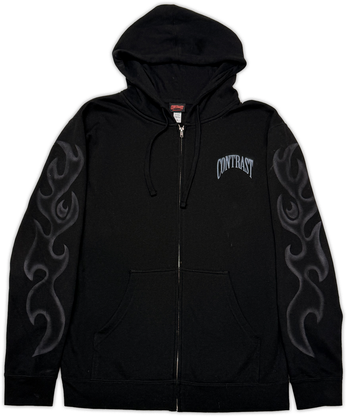 A black zip-up hoodie with a drawstring hood, kangaroo pocket, and gray flame-style graphics printed down both sleeves. The word 'CONTRAST' is printed in an arched gray font on the left chest.