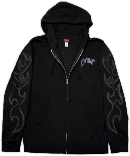 A black zip-up hoodie with a gray flame graphic on both sleeves and the word 'CONTRAST' printed in gray on the left chest, shown against a plain white background.