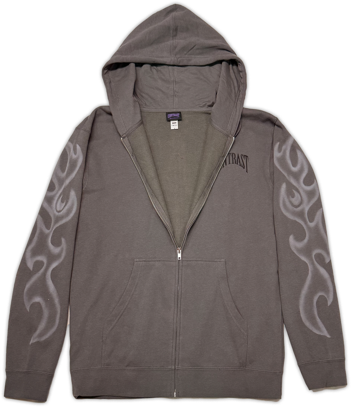 A dark gray zip-up hoodie with a gray interior lining, featuring a black 'contrast' logo on the right chest and gray flame-like graphics on both sleeves, shown against a plain white background.